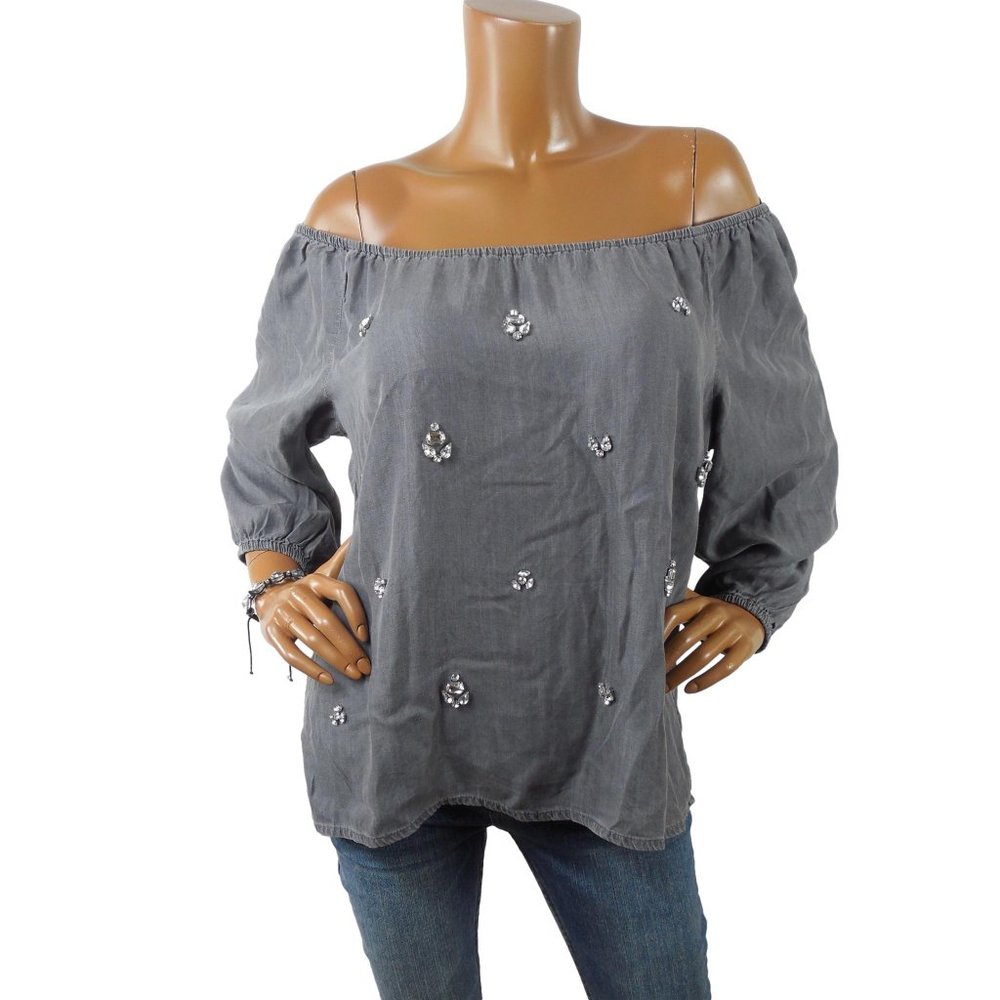 NEW YORK & CO Top L New Blouse $59 Off Shoulder Gems Lightweight Gray